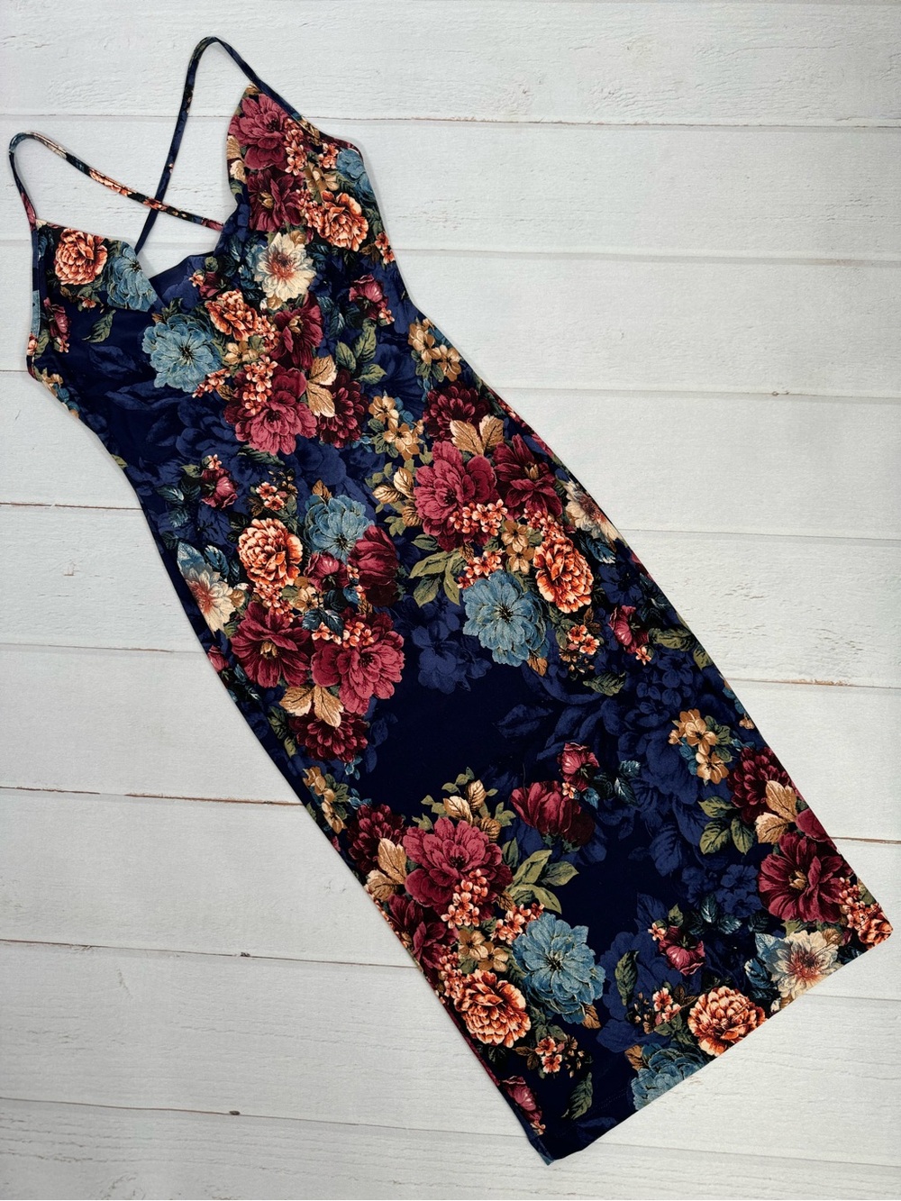Lovely Day Floral Sleeveless Midi Dress Criss Cross Back Size Medium